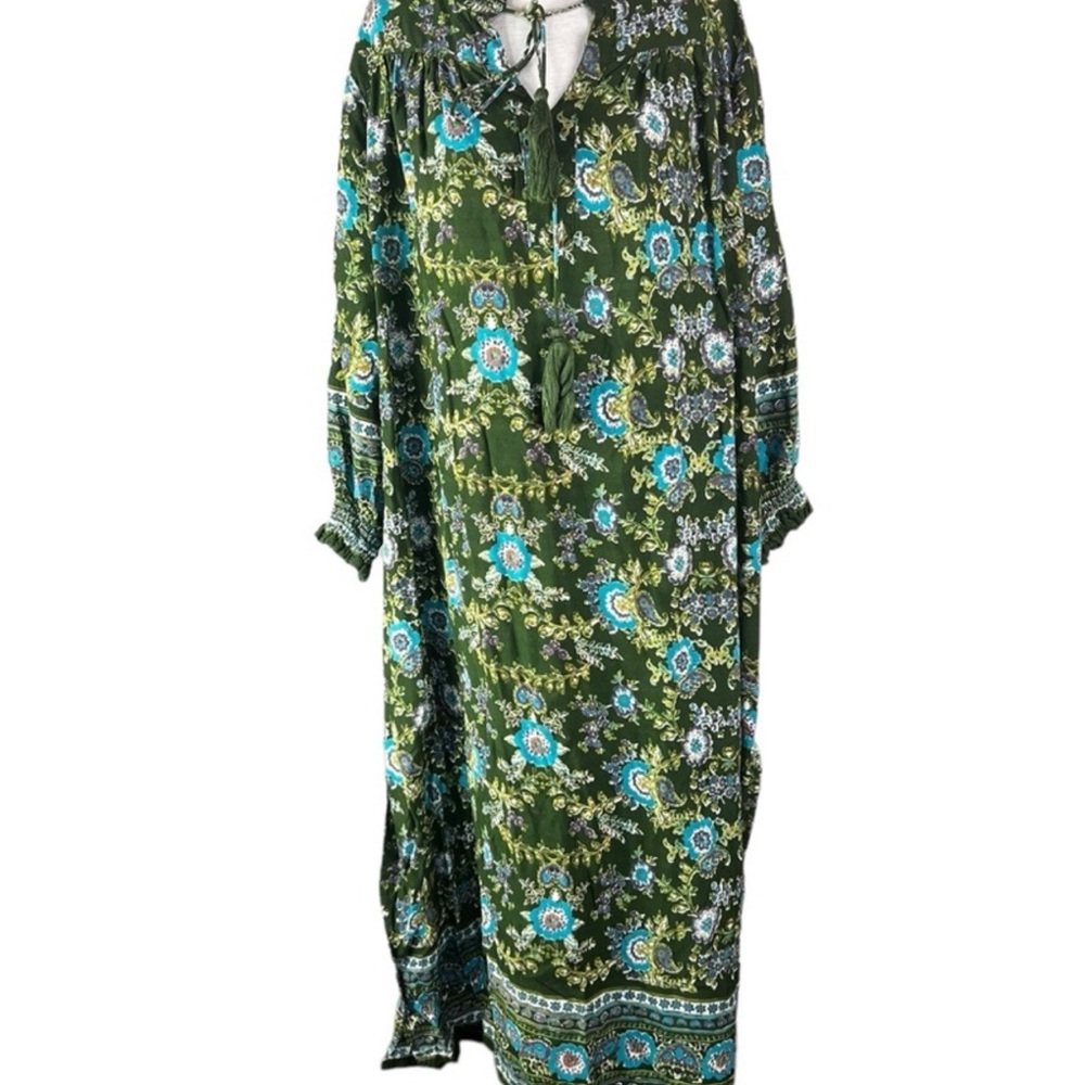 Natural Life Dara Green Floral Tie, V-neck Boho Oversized Midi Dress Size M